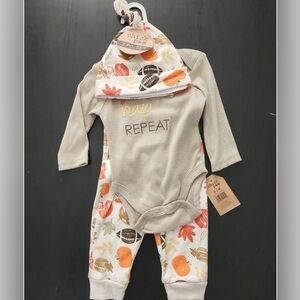 Chick Pea 3 Pc Set "Football Nap Repeat" Long Sleeve Bodysuit, Pants and Beanie